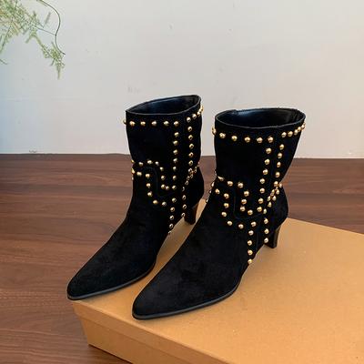 Mode Neuer Trend 2025 Herbst und Winter Nietenmode High Heel Chelsea Boots Spitz und Nude Stiefel High Heels Stiletto Westernstiefel