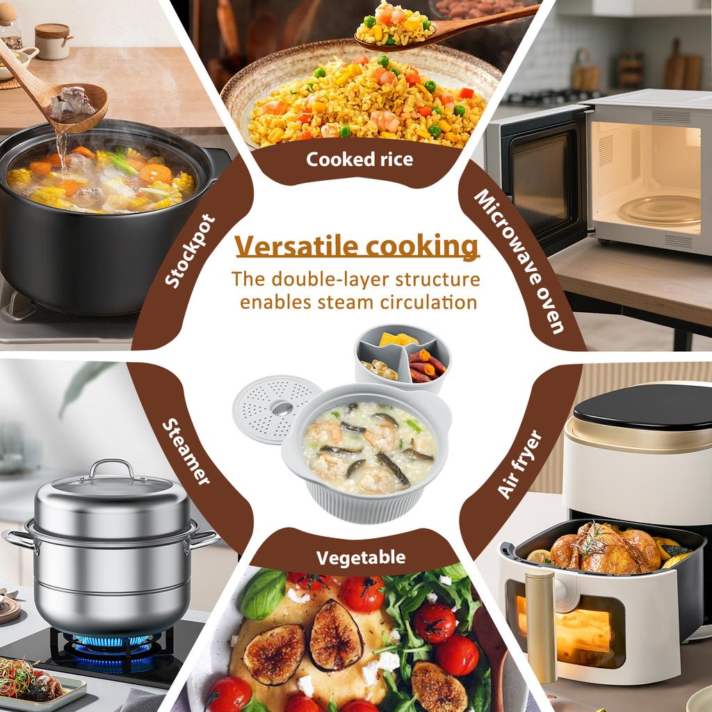 Microwave Silicone Steamer 3 Compartments Microwave Pot Heat Resistance Multifunctional Steamer Bowl Portable Air Fryer Pot Easy