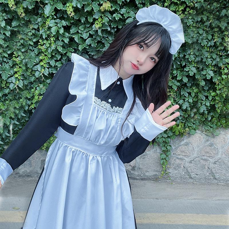 Anime langes Dienstmädchen-Outfit schwarz-weiß klassischer Stil Dienstmädchen langes Kleid Uniform niedliches Alltagskleid