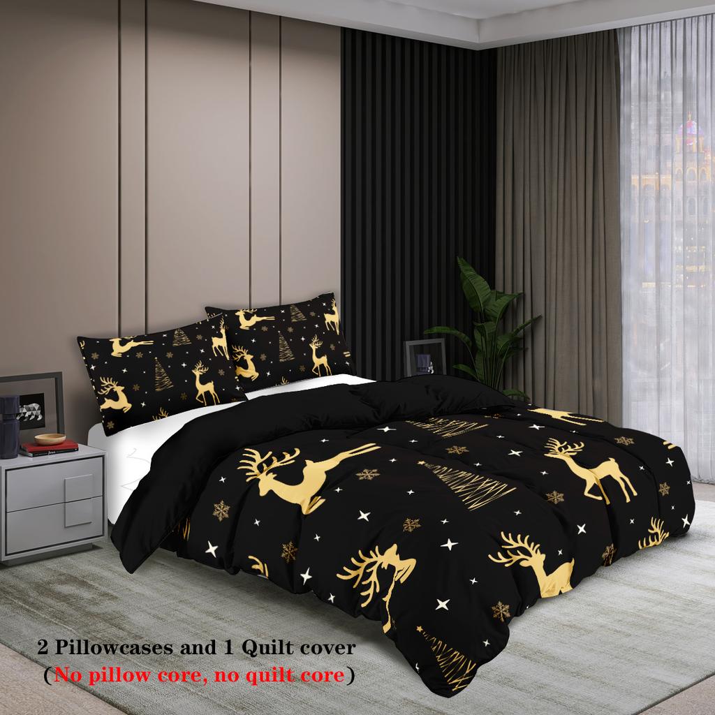 3-piece Christmas themed reindeer pattern print (1 duvet cover+2 pillowcases, no core) soft bedding set