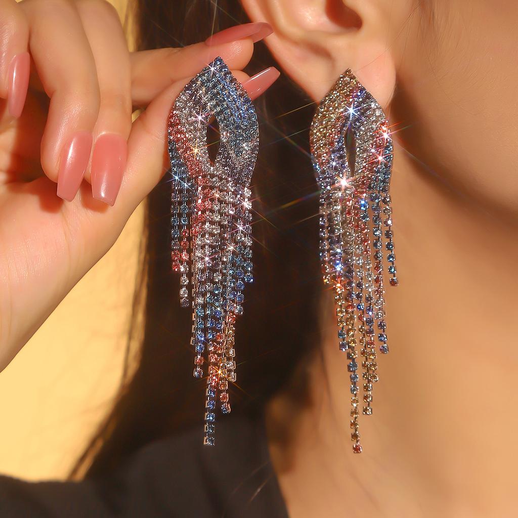 Temperament Color Shiny Rhinestone Long Earrings