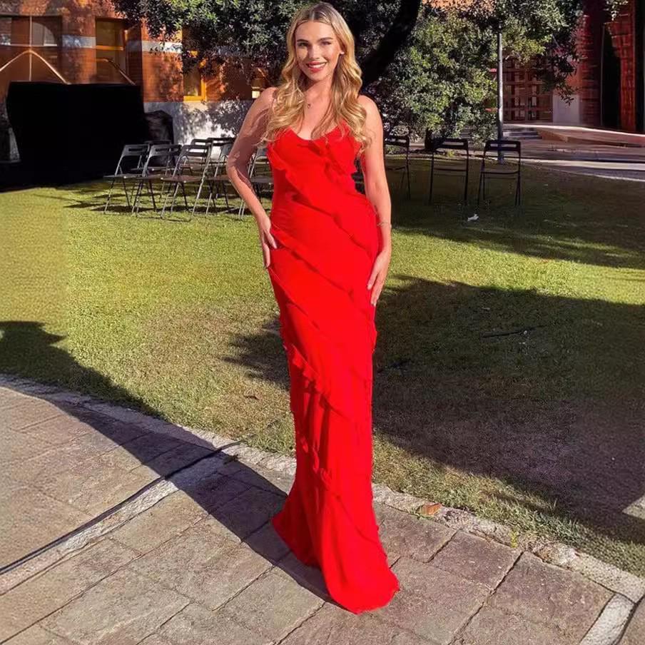European-American Backless Spaghetti Strap Wave Slim-Fit Slit Maxi Dress S красный