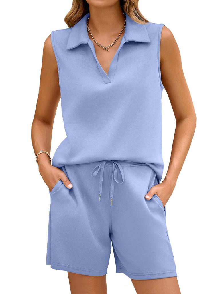 Women's Casual V-Neck Sleeveless Sports Two-Piece Set