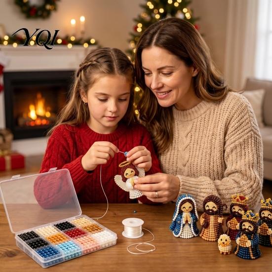 Family Parent Child Activity 3D Nativity Bead Craft Kit for Christmas Decoration, DIY Beaded Winter Holiday Ornaments Scene Figurine Set Adults