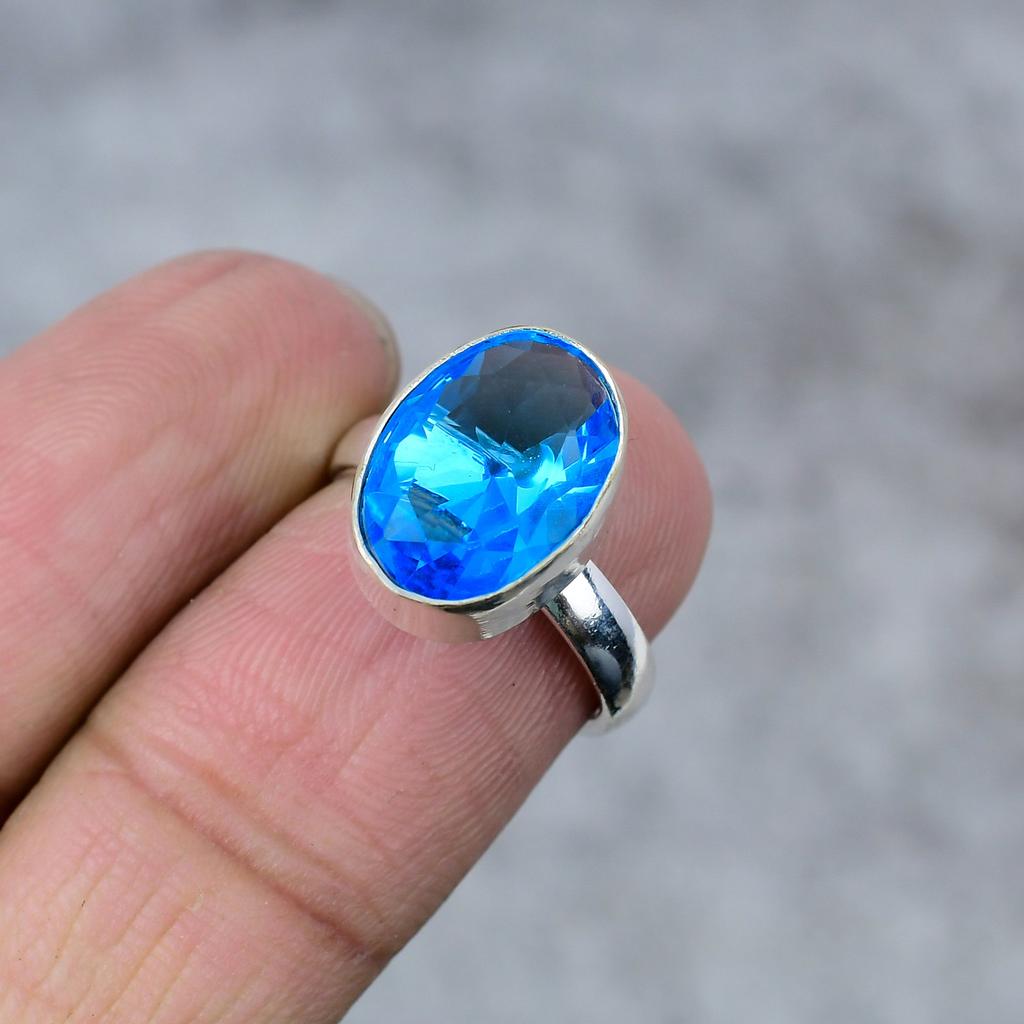 Blue Topaz Gemstone Handmade 925 Sterling Silver Jewelry Ring Size 10 M-266