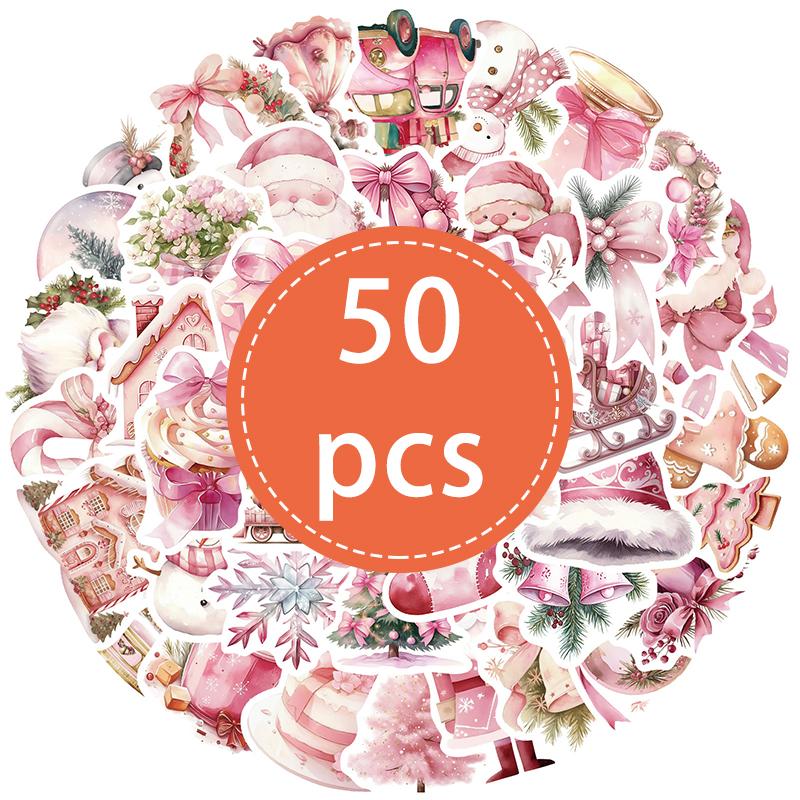 

50PCS Cute Pink Christmas Stickers Vintage Pink Santa Claus Christmas Tree Sticker Pack Vinyl Waterproof Decals Water Bottles