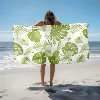 1pc Tropical Hibiscus and Monstera Leaf Pattern 2D Printed Microfiber Beach Towel, Quick Dry Super Absorbent. Great for Beach