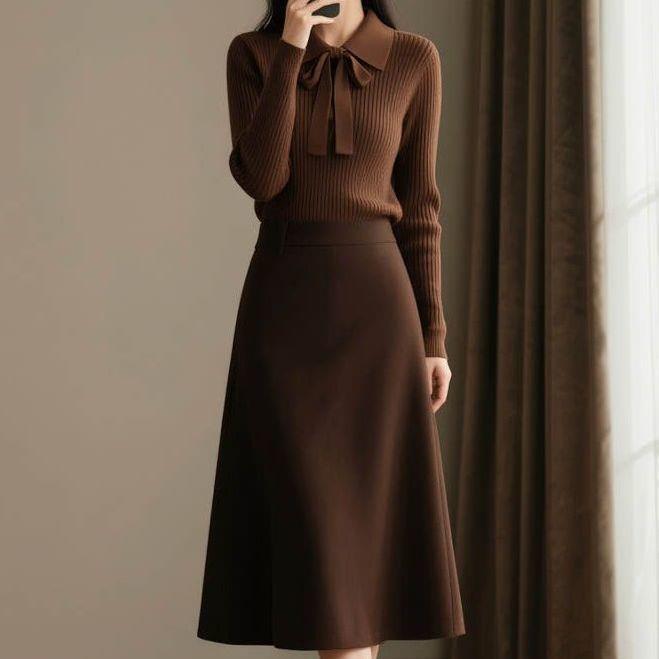 Women's French Style Bow Top and Skirt Two-Piece Winter Set