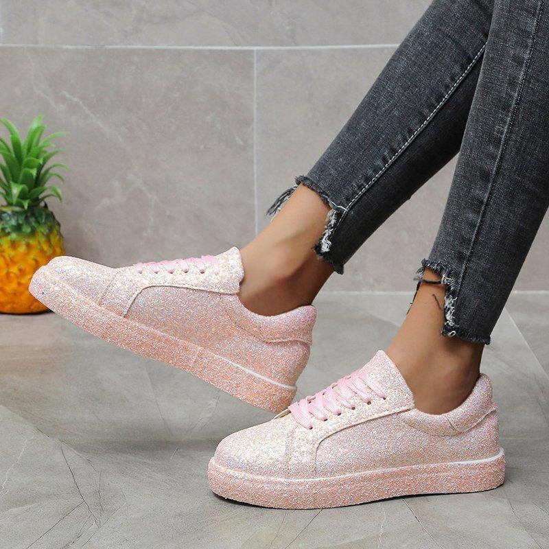 Large Size Sequined Casual Fashion Single Shoes Women'S Front Lace-Up Flat Bottom Round Head Bottom Top Sneakers Spot