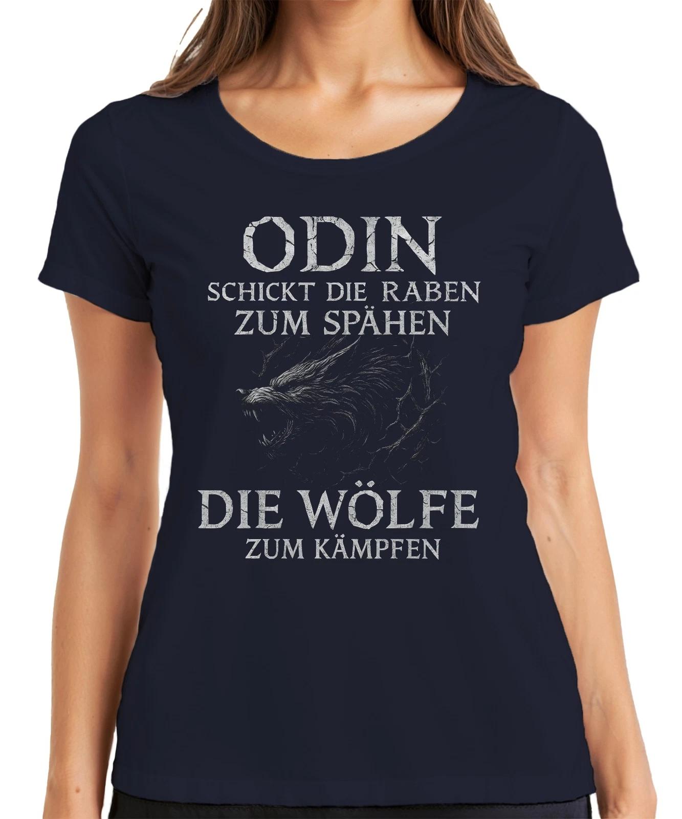 Odin schickt Raben Wölfe Kämpfen Wikinger Spruch Nordisch Runen Damen T-Shirt S
