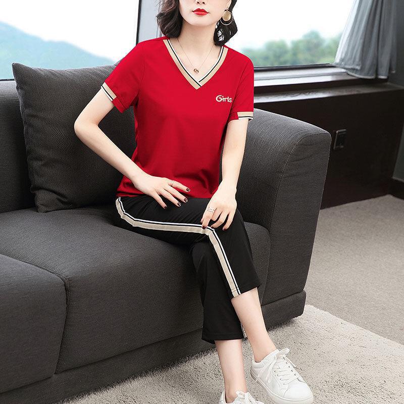 Summer Dress Plus-size Lady Sports Outfit - Top and Pants - Mother's Two-piece Set - Stylish and Fashionable Casual Outfit for Ladies