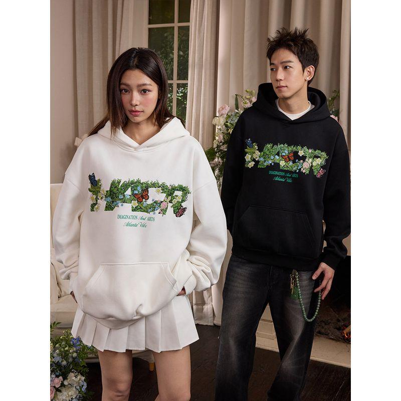 HACR Plant Harshandcruel Green Plant Embroider Florals Butterfly Couple Loose Fleece Hooded Sweater