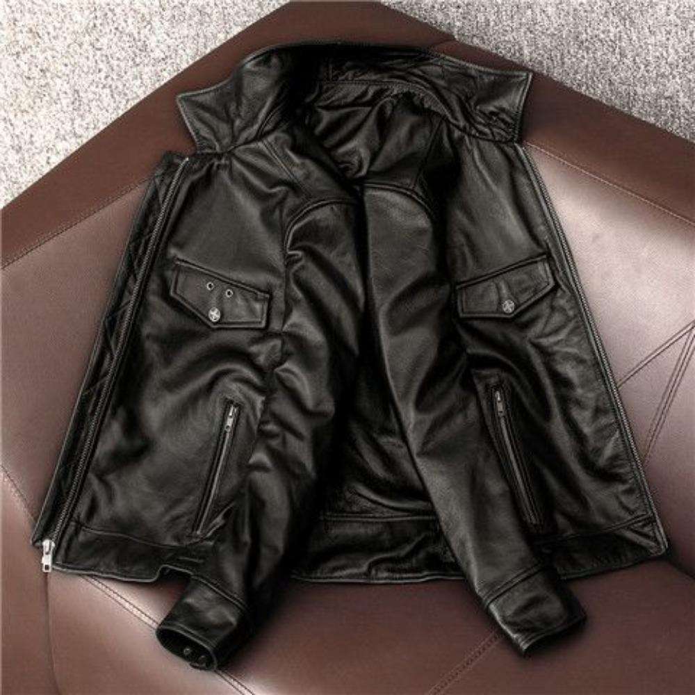 Men's Lapel First-layer Cowhide Jacket Genuine Leather Jacket Men's Short Lapel Motorcycle Style Leather Jacket