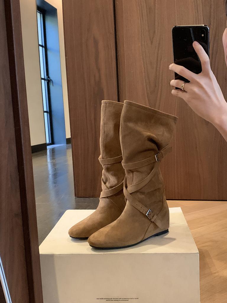 6Cm Inner Height Increase Western Denim Boots Women's 2025 New Korean Round Head Buckle with Soft Folds and Thin Medium Tube
