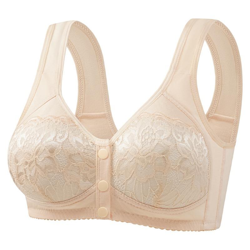 Red Front Button Wireless Bra with Lace Overlay and Wide Straps