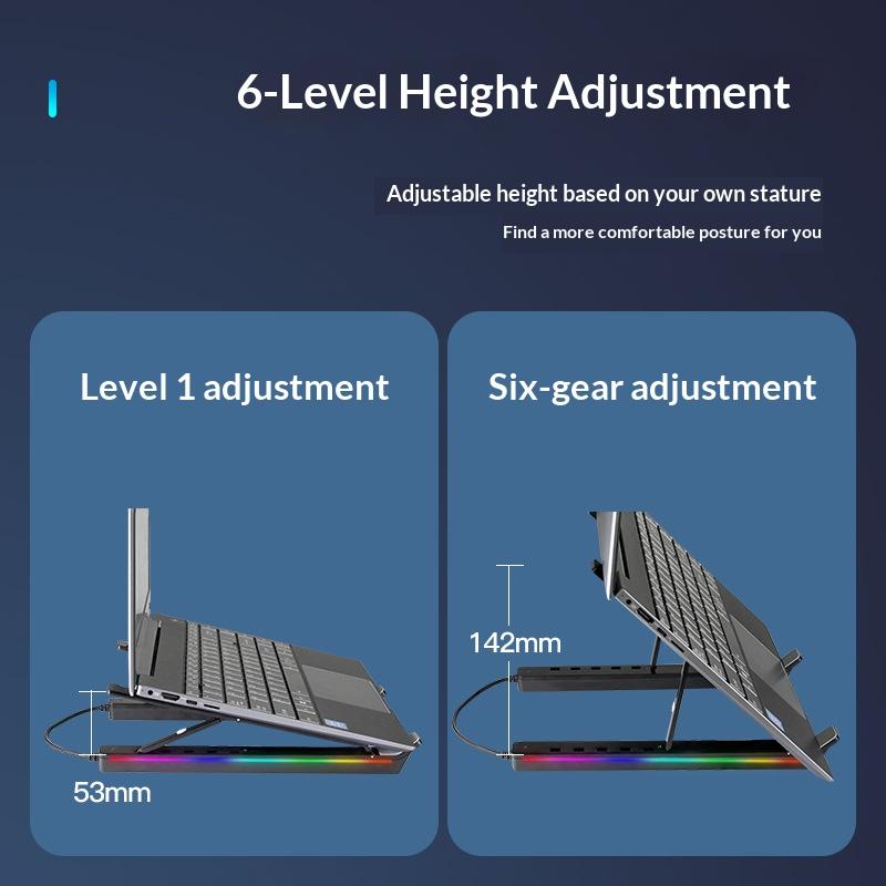 6 Heights Adjustable Laptop Stand with RGB Backlit Aluminum Alloy USB Hub Foldable Notebook Riser Bracket