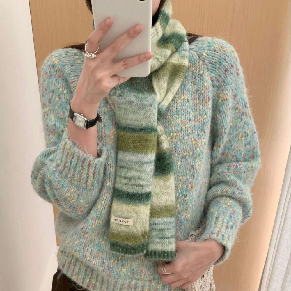 Plush Cashmere Knitted Scarf Thickened Winter Shawl Fashion Rainbow Striped Scarf Daily