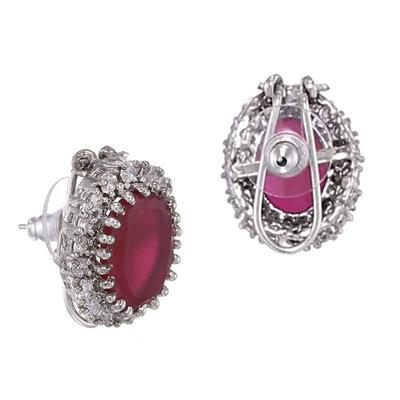 Women's Rhodium Plated American Diamond CZ Ruby Halo Stud Earrings