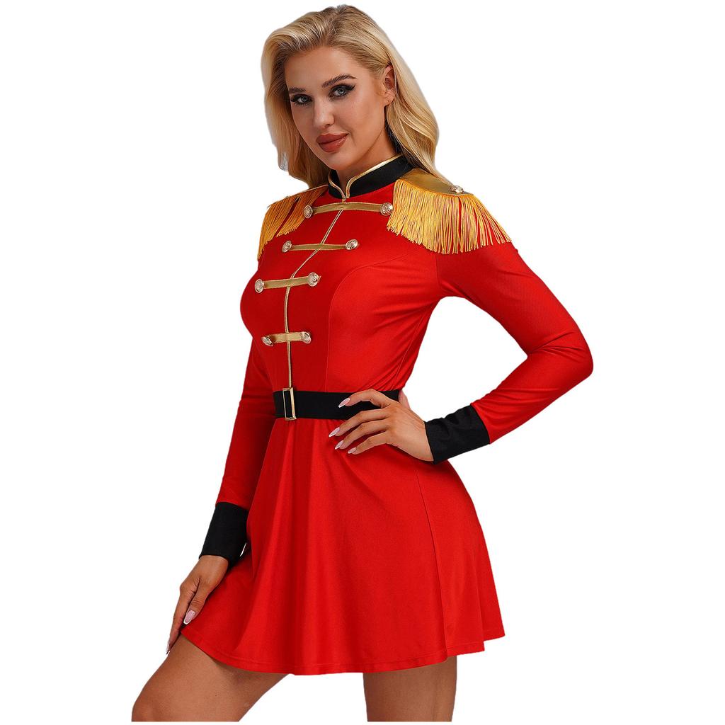 Womens Lion Tamer Costume Tassel Shoulder Long Sleeve Circus Ringmaster Dress Belted Halloween Outfit