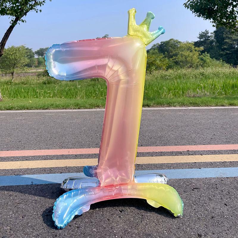 1pcs 32inch Standing Rainbow Digital Balloon Gradient Colorful Crown Aluminum Foil Balloon Birthday Party Baby Shower Decor
