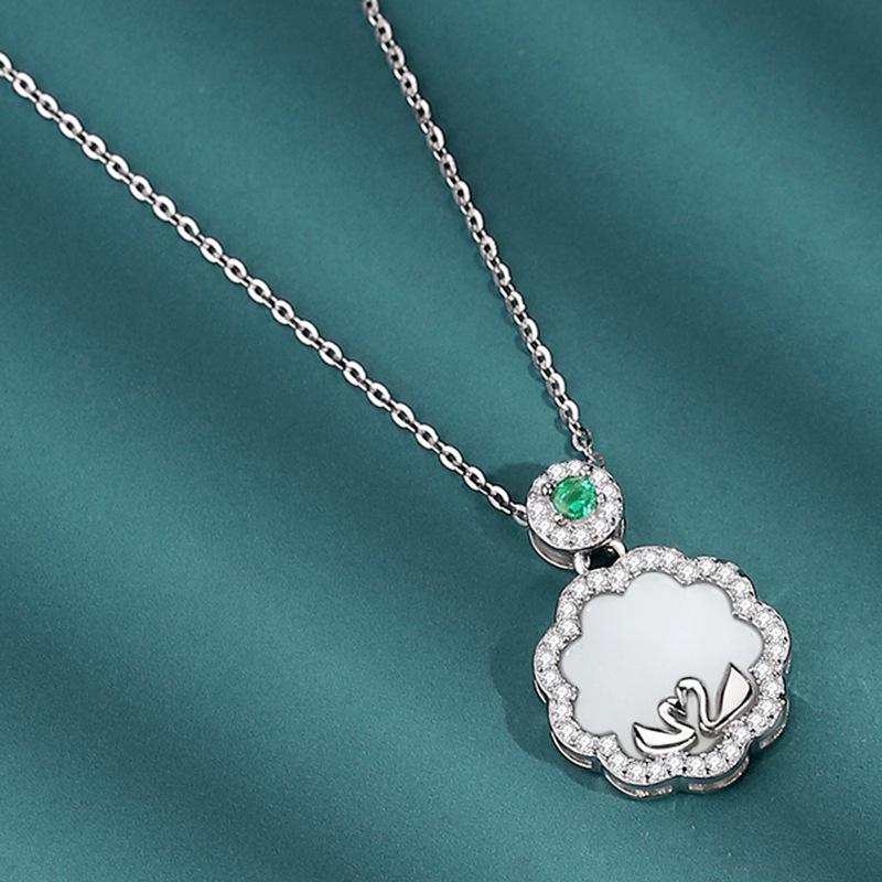 

S925 Silver Hetian Jade Flower & Moon Necklace Women s Clavicle Pendant for Mother s Day 925 Silver