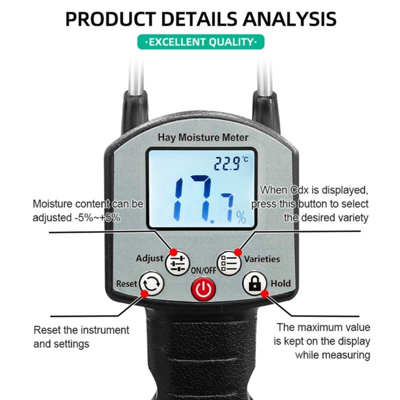 Double Probe Moisture Meter Digital Moisture Meter Portable Moisture Tester with Backlit for Forage Alfalfa Straw