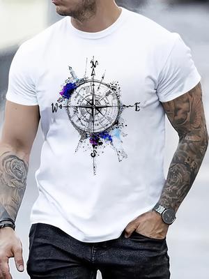 Mens Compass Printed Round Neck Tshirt  Casual Street Style Short Sleeve Top Ideal for Summer Vacation