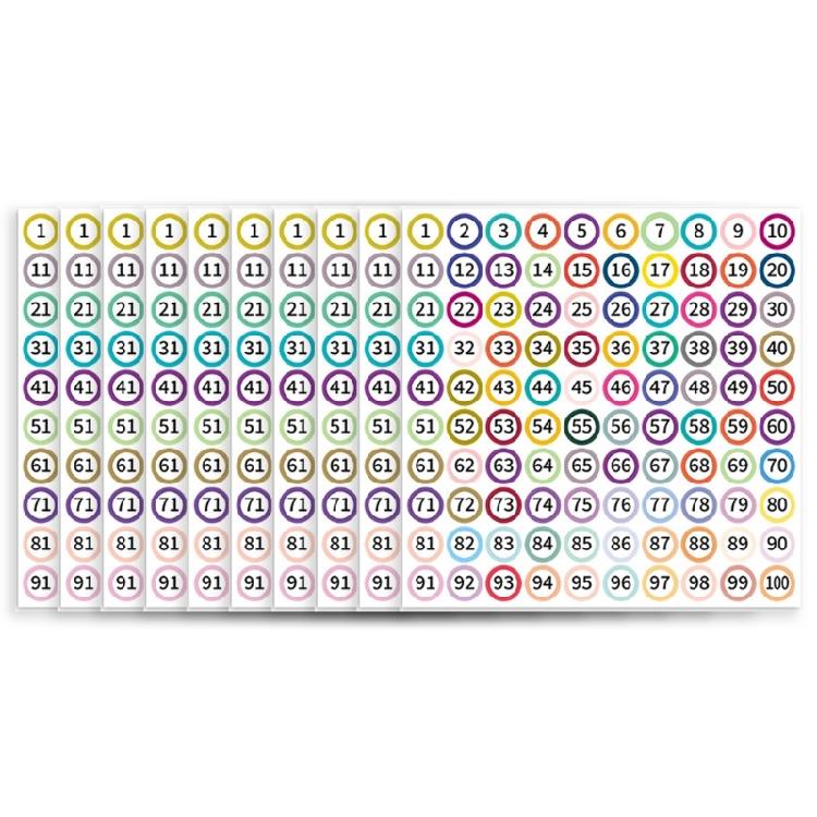 10 Sheets Consecutive Number Sticker 1-100 Round Colored Small Adhesive Labels for Efficient Home and Office Management