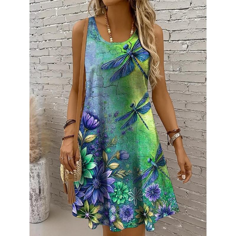 Women's Dragonfly Print Long Dress, Off Shoulder Sleeveless Crew Neck A-Line Casual Summer Dress
