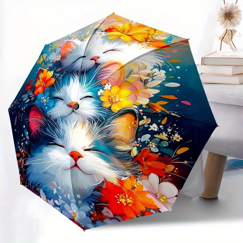 1pc Two Cats Surrounded by Colorful Flowers Automatic Opening and Closing Cartoon Umbrella - Small Umbrella Suitable for Various Occasions Y094