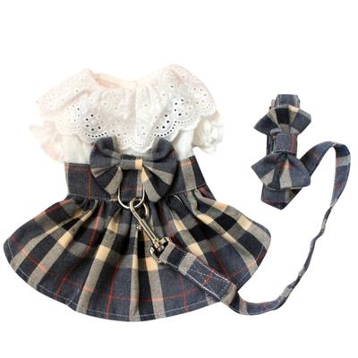 Lattice Dog Dress and Leash Set Cute Bowknot Teddy Bichon Dog Harness Vest Spring Summer Cat Dress Chihuahua Pet Clothing