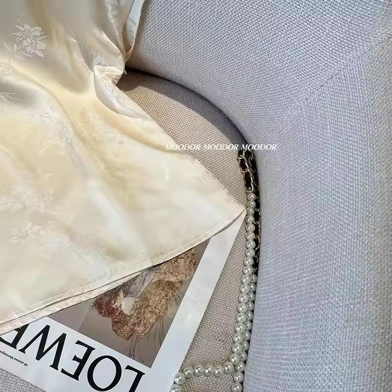 Chinese Women Short Sleeve Printed Satin Shirt Summer Stand-Up Collar Chic Elegant Women's Blouse Retro Summer Thin Sof