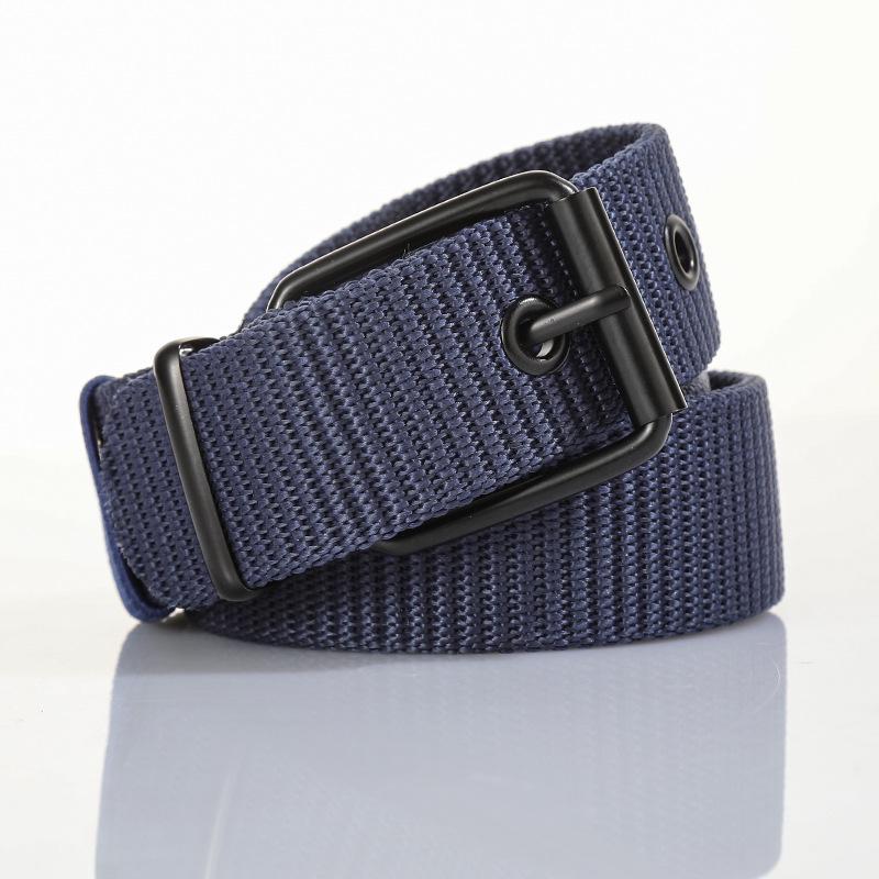 

Унисекс холщовый кожаный ремень с пряжкой-штифтом - Универсальный корейский стиль для джинсов, студентов и военной подготовки. 130cm x 3.5cm темно-синий