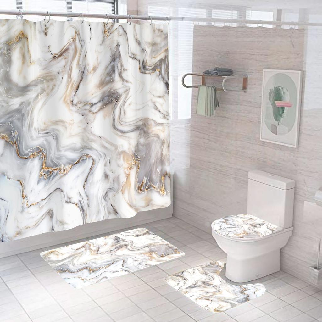 Bathroom Shower Curtain Four-piece Digital Printing Marble Waterproof Shower Curtain Toilet Partition Curtain Bath Mat