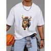 Crewneck T Shirt White Bull Holding Beer Cartoon Print for Casual Wear