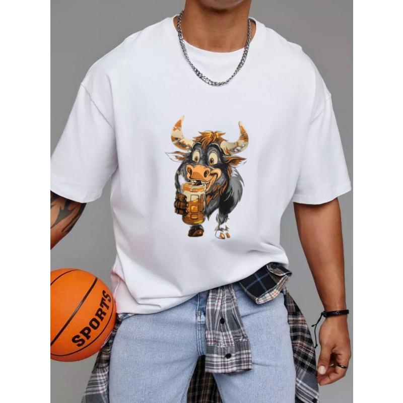 Crewneck T Shirt White Bull Holding Beer Cartoon Print for Casual Wear