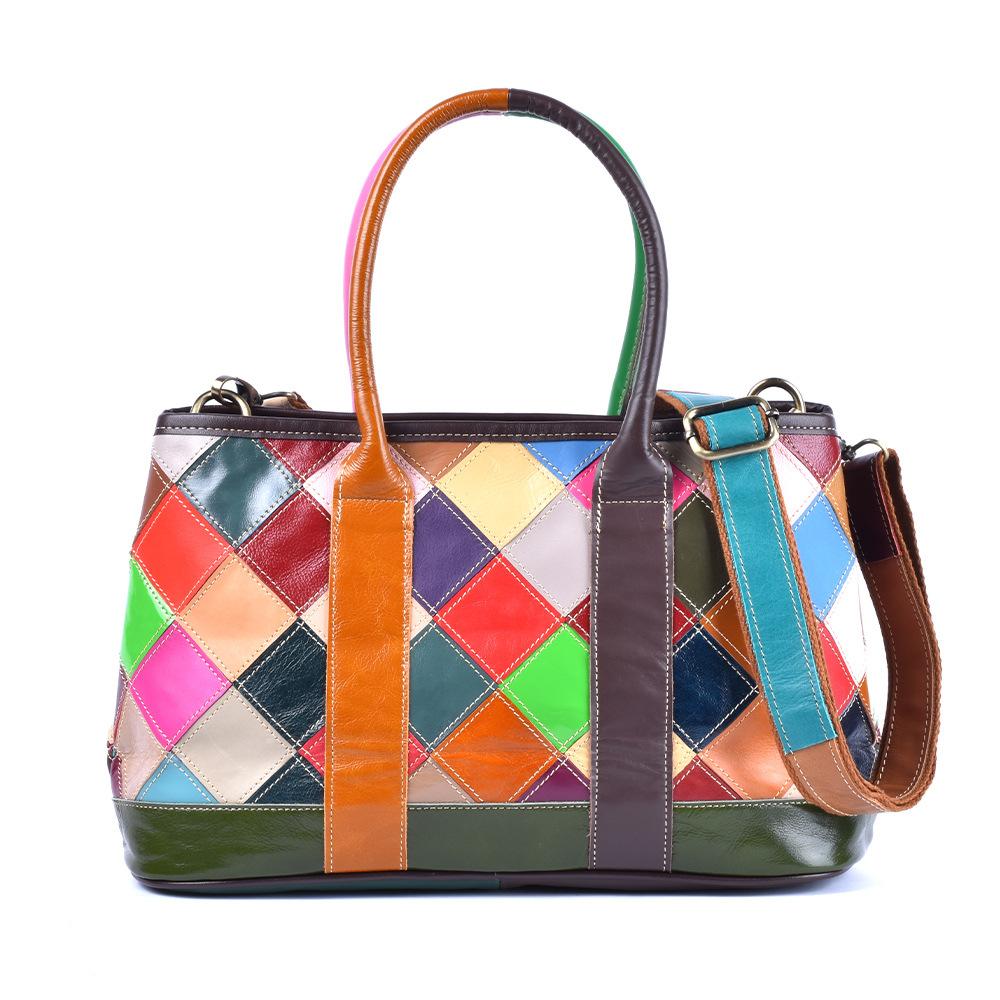 Leather Tote Bag First Layer Cowhide Checkered Splicing Women'S Bag Contrasting Bag Women'S Fashion Handbag Shoulder Messenger Bag