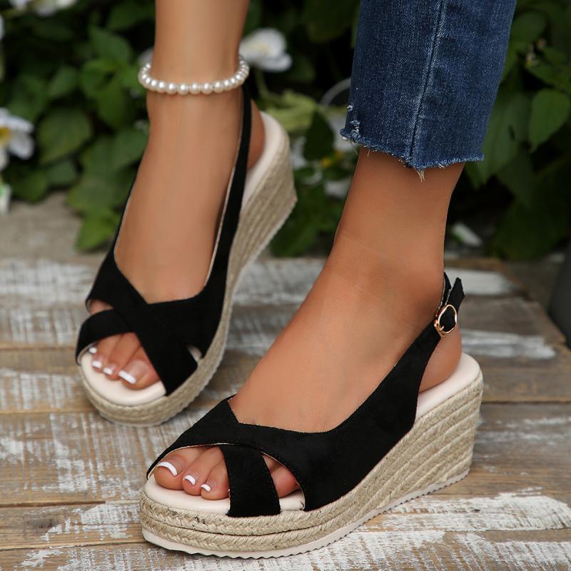 Fashion Black Suede Cross Straps Platform Wedge Heels Sandals Women Vintage Peep Toe Shoes Women Comfortable Light Weight Daily Sandals