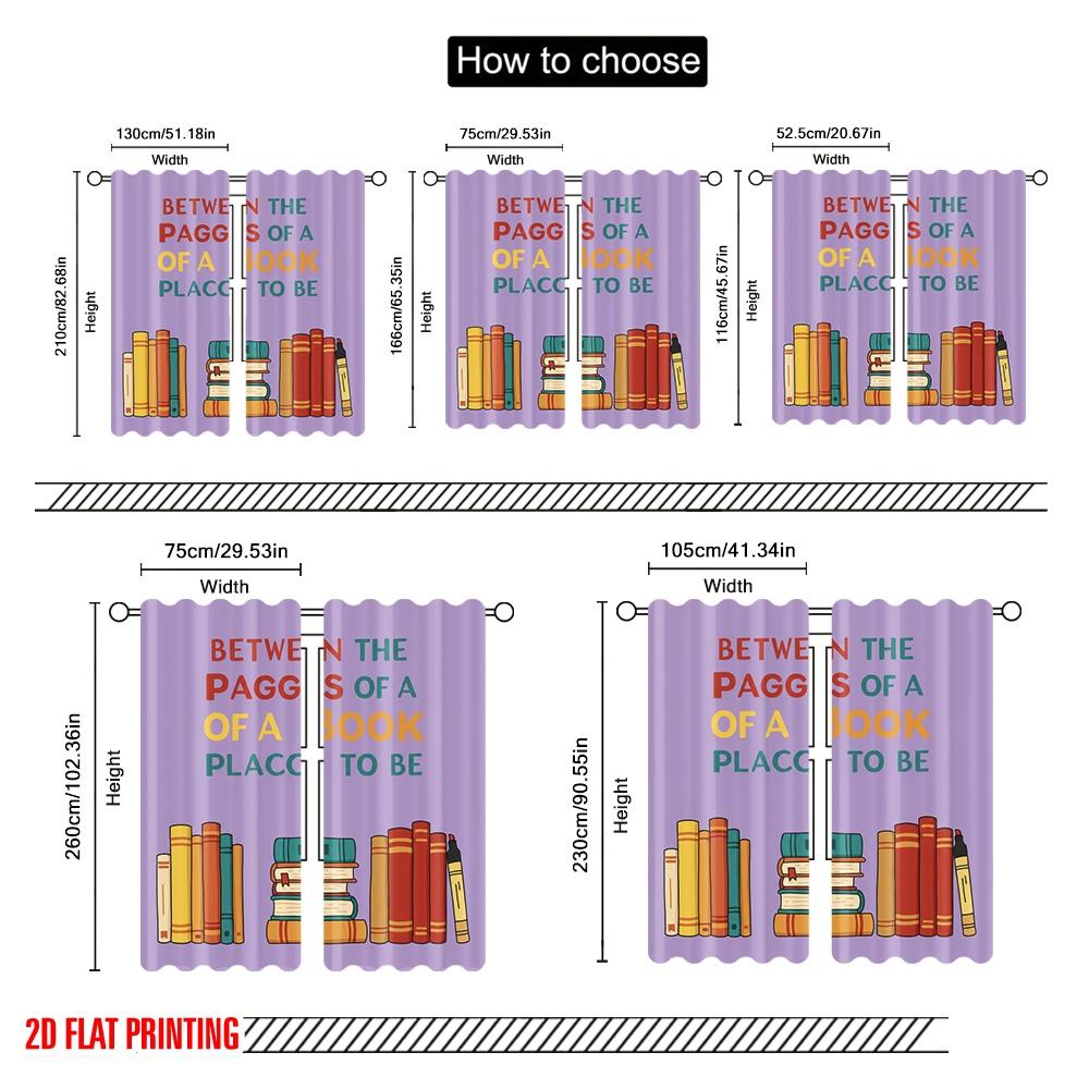 2pcs 2D Flat Printing Drapes Bookshelf Illustration Quote Reading Polyester Without Electricity Festive Holiday Use for Yard &