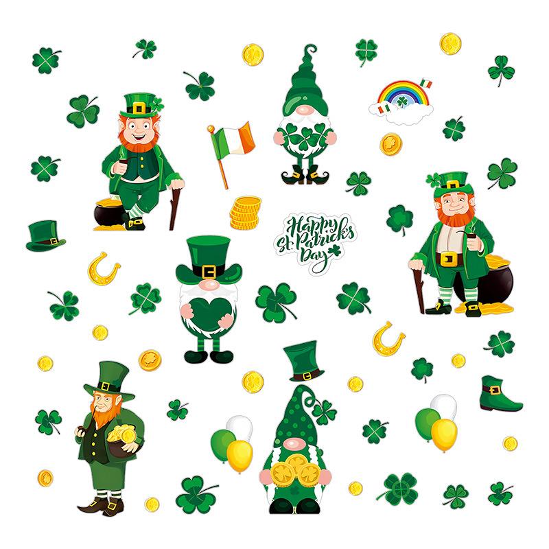 St. Patrick’s Day Window Clings Shamrock 4 Leaf Clover Irish Gnome Cartoon Glass Sticker Static Removable Holiday Decor