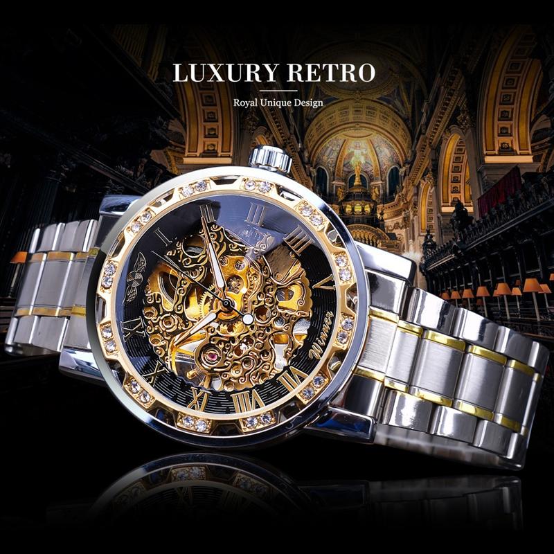 Winner Fashion Diamond Dial Men's Mechanical Watch Skeleton Watch Black Gold Retro Luminous Pointer PU Belt Mesh Belt Steel Belt