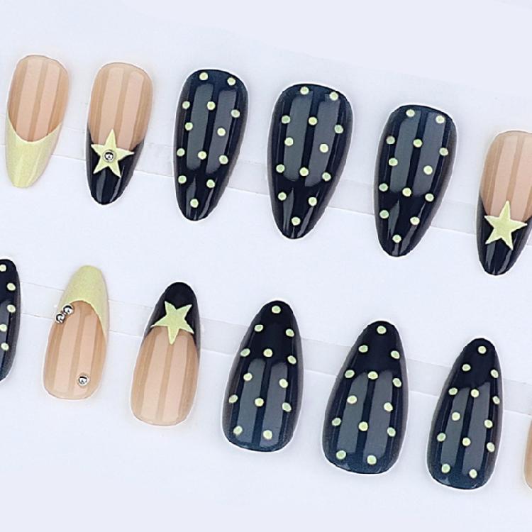Long Wear French Manicure Nail Blue Yellow Geometric Stars Detail Break Resistant ABS For Bride Holiday