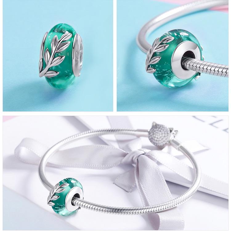 Silver Ziyun Green Leaf Glass Beads Sterling Silver Bracelet - SCC863