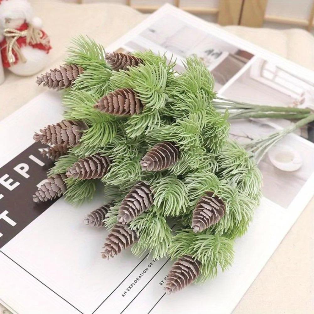 2Pcs 7 Branches Artificial Plastic Pine Nuts Cones Fake Plants Tree for Christmas Party Decoration Faux Grass Xmas Pome Decoration