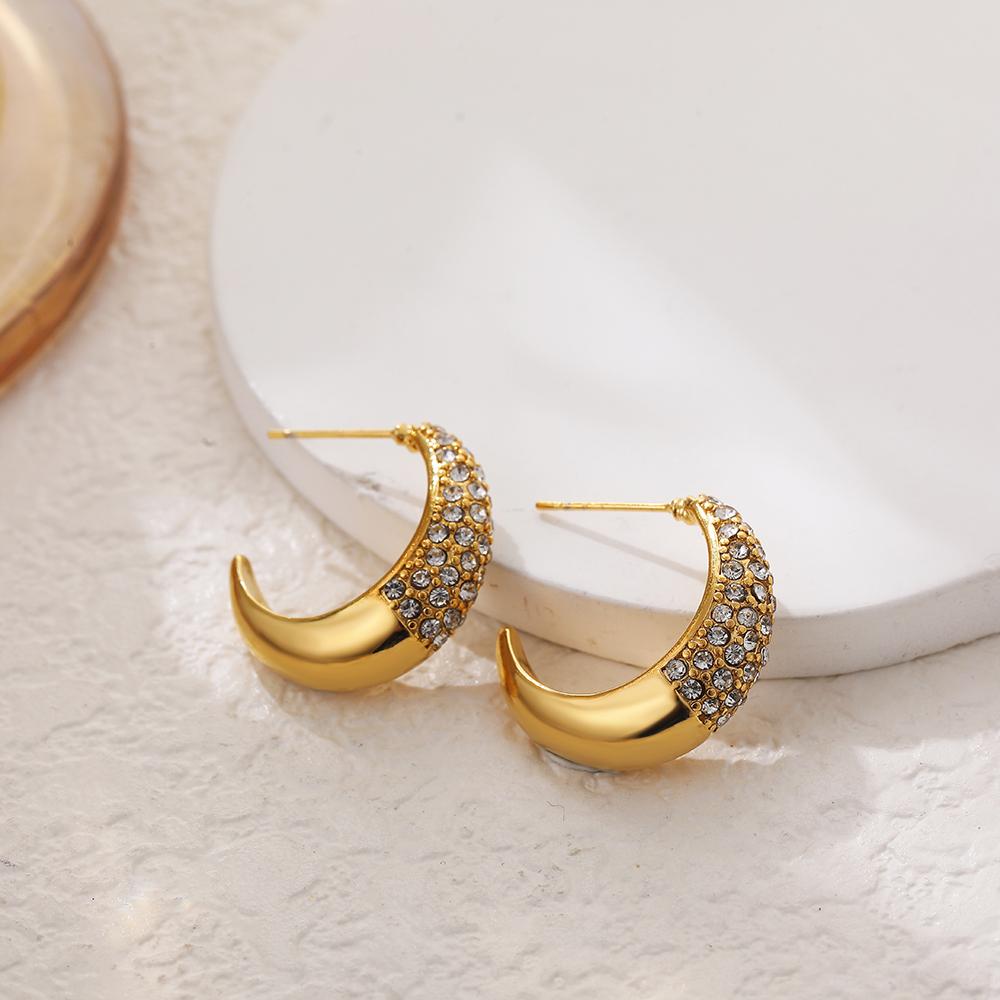Sparkling Zircon C Shape Hoop Earrings for Women Stainless Steel Sleek Thick Ear Hoops Simple Daily New Jewelry Femal Party Gift