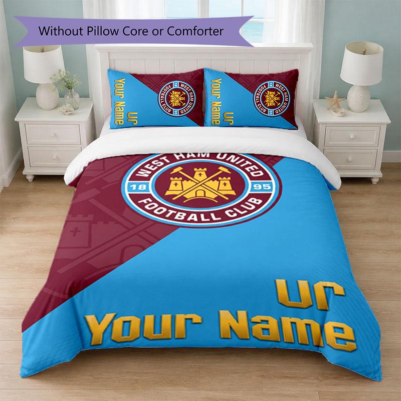 West Ham United FC Individuelles Namens-Text-Bettwäscheset 1 Bettbezug+2 Kissenbezüge Fußball-Logo Personalisierte Geschenkidee für besondere Anlässe Schlafzimmerdekoration