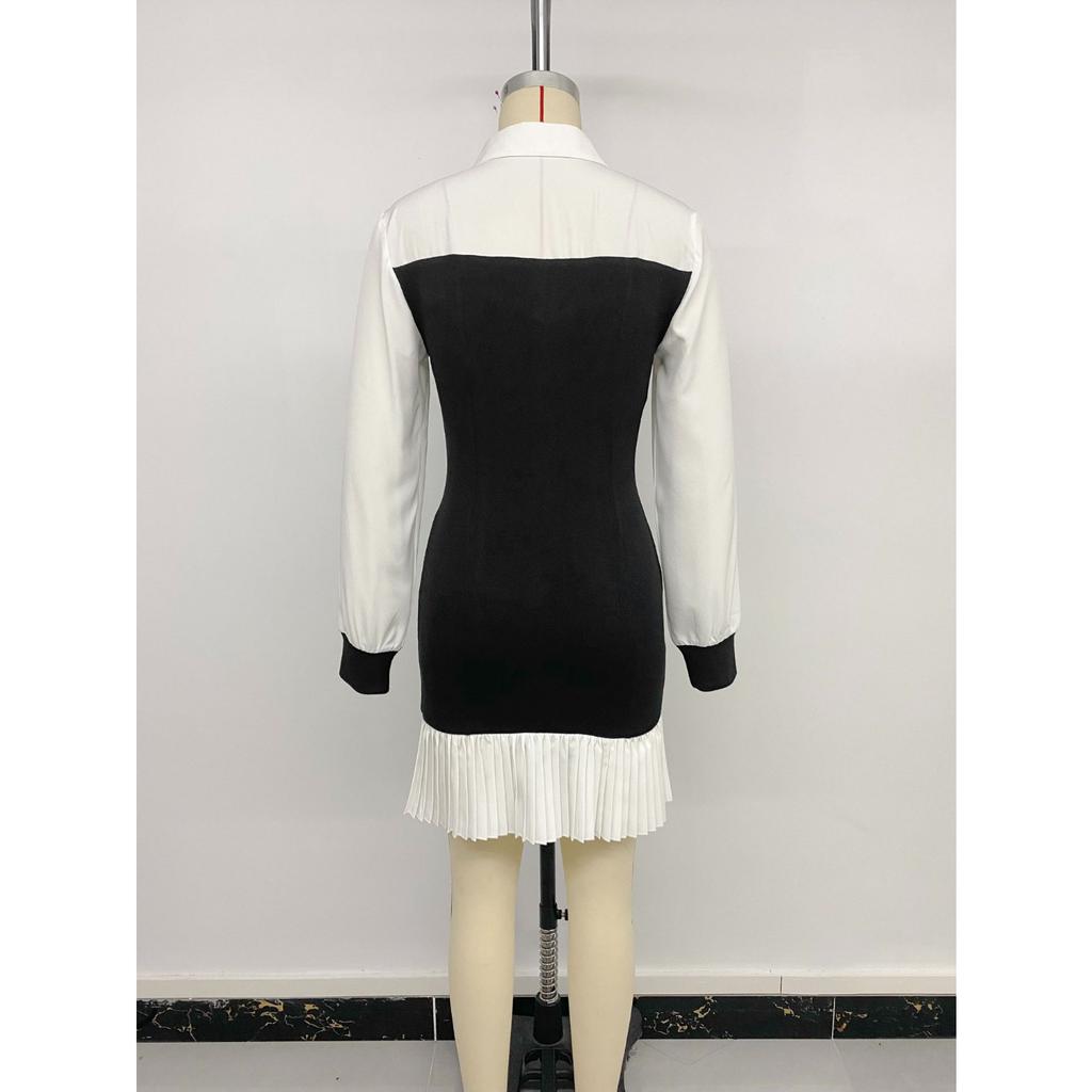 2025 Neues Damen Puffärmel Hemdkleid, Reverskragen Zweifarbig A-Linien Rock mit Schwarz-Weiß Colorblock, Vielseitiges Büro- bis Partykleid für den Herbst