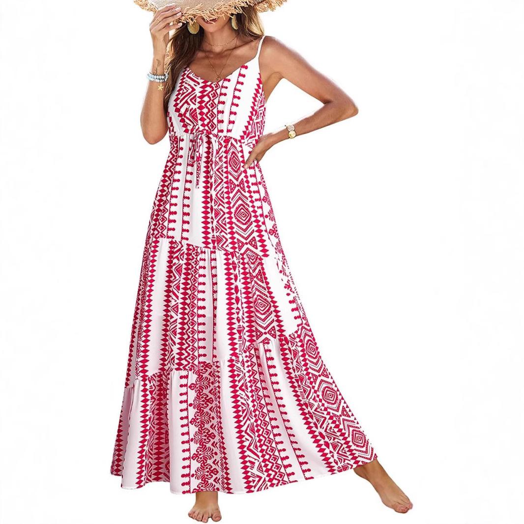 

Новое весенне-летнее платье для женщин, модное, с цветочным принтом, V-образным вырезом, длинные платья, повседневное женское платье без рукавов 2XL красный