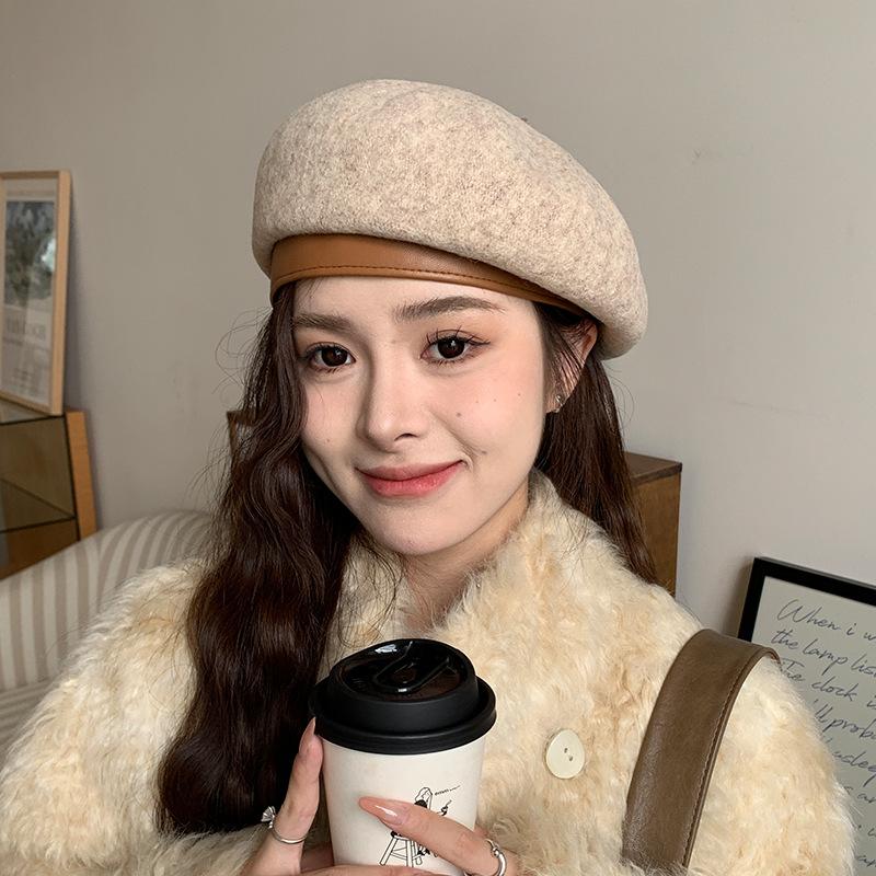 Retro Woolen Beret Autumn and Winter Warm PU All Match Hat for Women with Big Head Circumference Temperament Literary Pumpkin Hat Trend
