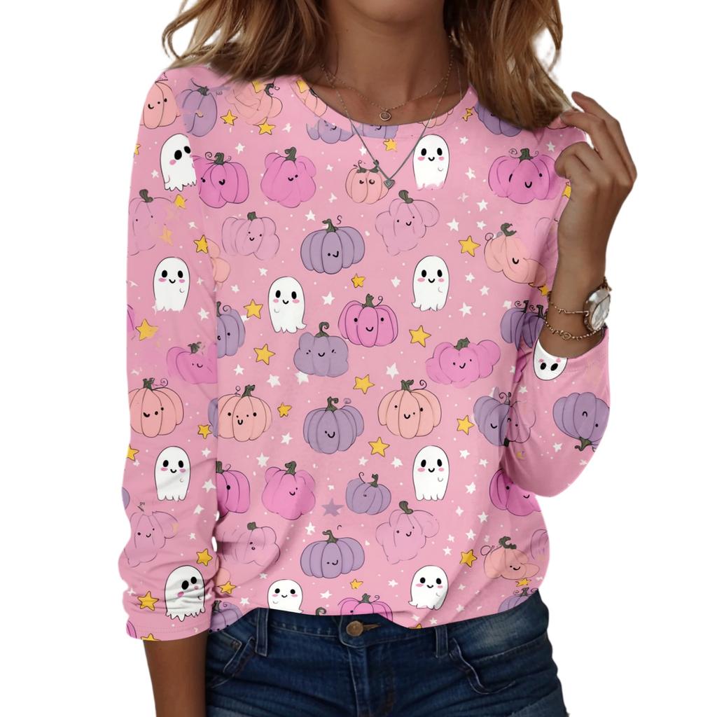 Women Long Sleeve Casual Pullover Sweatshirt Halloween Printed Crew Neck Top Lightweight Comfortable Fit for Everyday Wear